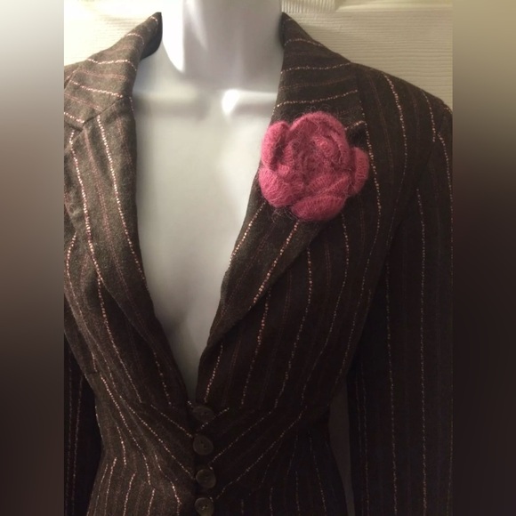 J.JILL Espresso Brown Wool Blends Blazer Pink Striped Flower Rosette Appliqué - Picture 6 of 10
